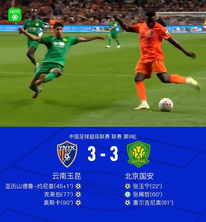 中超焦点战上演三度逆转 云南玉昆3-3逼平北京国